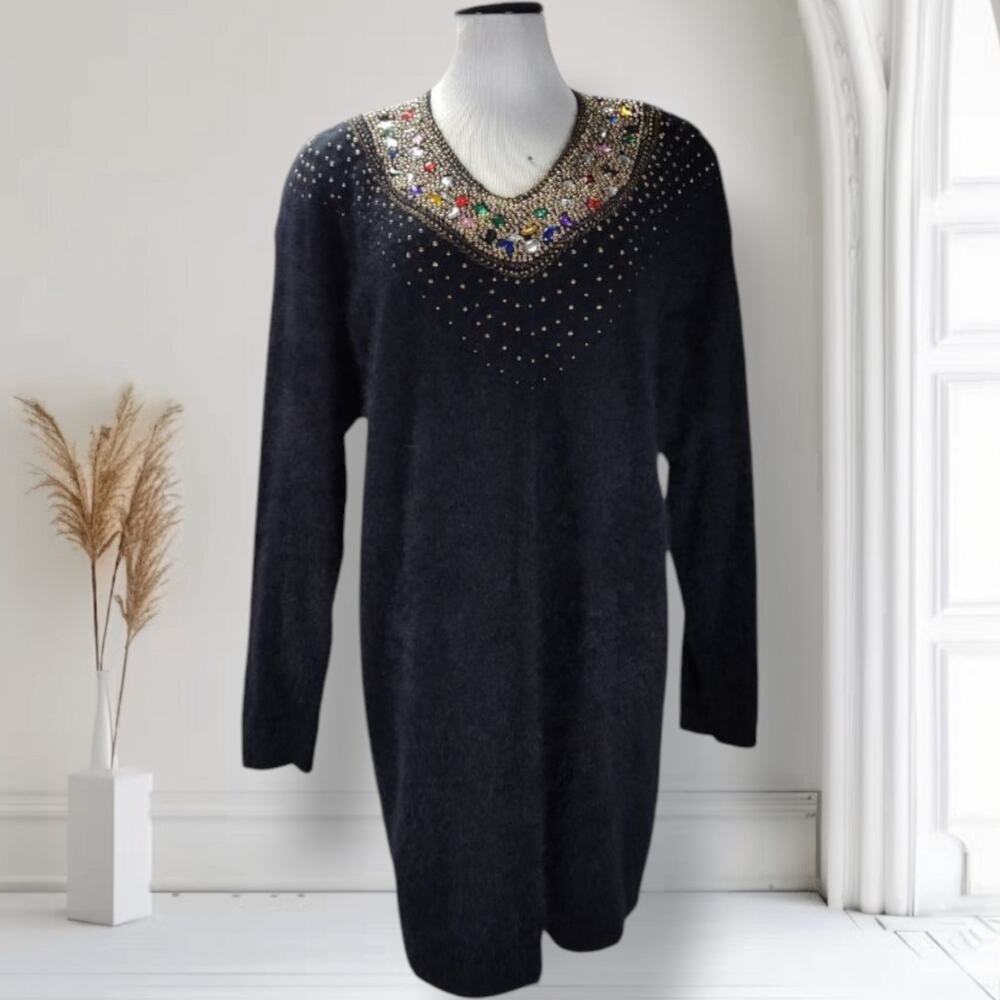 Vintage 80s Classiques Entier Angora Sweater Dress L Jeweled Beaded Black Mini